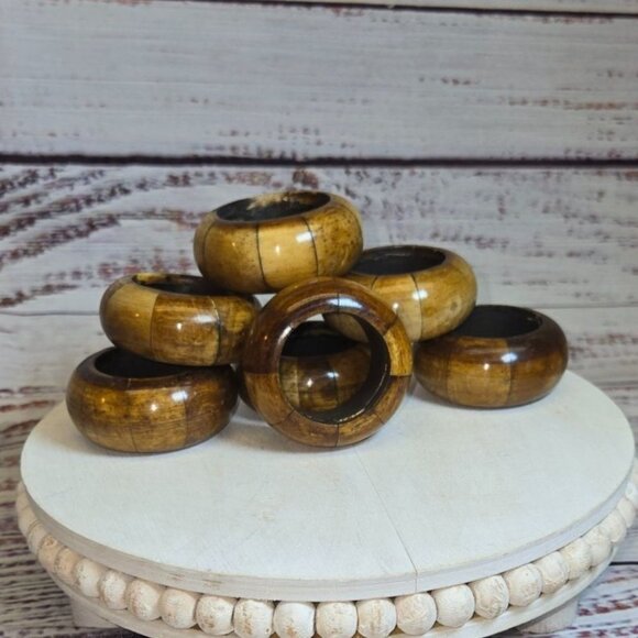 Vintage wood napkin ring holders set of 7 wooden dining decor Retro table settin - Picture 2 of 8